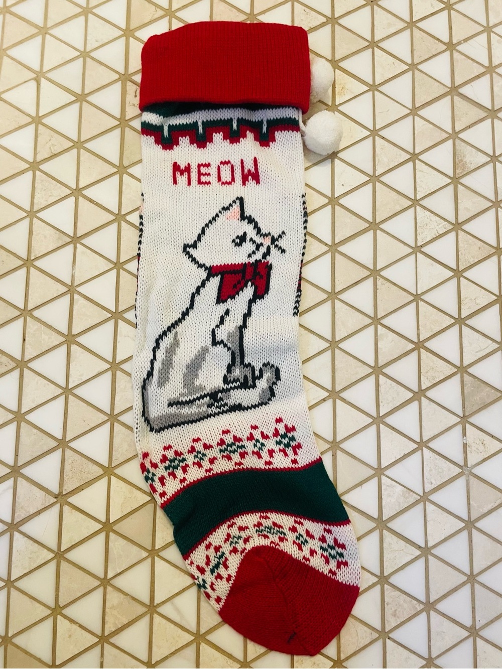 Kitty Cat Christmas Stocking Holiday New Retro Knit Pom-poms